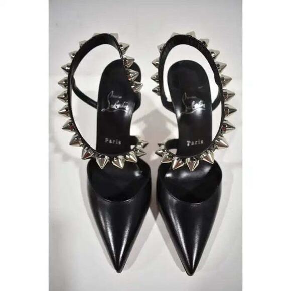Christian Louboutin Spikita Pump 100 Black Silver Spike Strappy Sandal Heel 39 - Picture 7 of 12